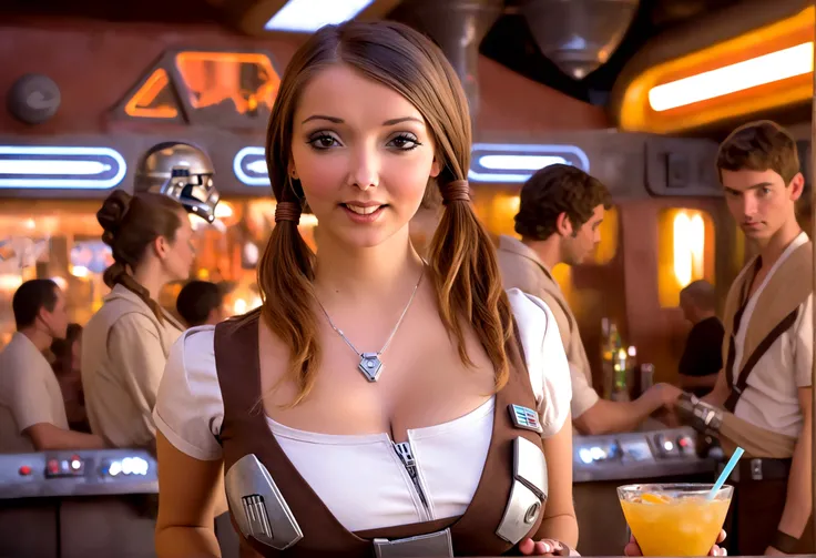 A cute woman in a sci fi waitress outfit (deep neckline, mini skirt, safe for work) is working at a Star Wars cantina serving drinks to wild and rowdy aliens.
