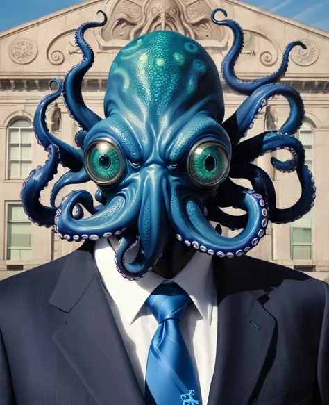 arafed man in a suit and tie with a blue octopus mask, anthropomorphic octopus, cyborg octopus, cthulhu squid, portrait of cthulhu, portrait of a squid wizard, photo of cthulhu, cthulu, h.p. lovecraft as cthulhu, cthulu portrait, kaiju cephalopod, leviatha...