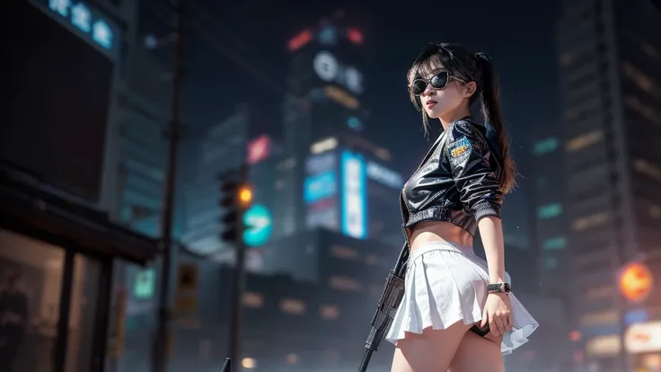 ８k, Realistic Skin Texture, Realistic Photo, Neo Tokyo, slim Japanese women, large-breast:1.3 cleavage, ＡＤ2050 at night, Dirty hunting jacket, Wearing shirt, miniskirt, (((micro black sunglasses, automatic rifle, sneakers, cold, shooting pose, low angle vi...