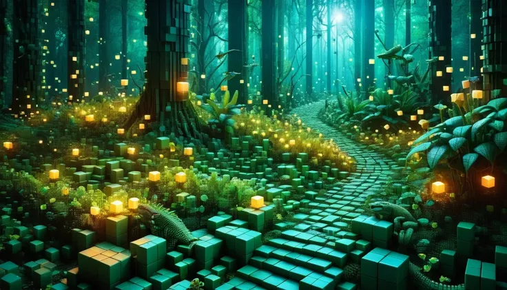 An enchanted forest made up of RAL-3D cubes, There are lots of small lizards,Surrounded by the fantastic light of fireflies,There are lots of small lizards,Very beautiful secret forest