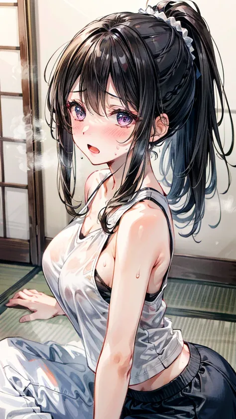 (Best quality, 8k, 32k, Masterpiece, UHD,:1.2),RAW, 1girl,ultra cute , natural lighting,transparent shining eyes, 20yo ,fair complexion, dark brown hair, french braid, flushed face,femur, medium hair, White Tank top, panties, Sweat, ponytail, tatami, mediu...