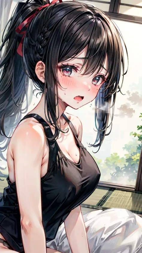 (Best quality, 8k, 32k, Masterpiece, UHD,:1.2),RAW, 1girl,ultra cute , natural lighting,transparent shining eyes, 20yo ,fair complexion, dark brown hair, french braid, flushed face,femur, medium hair, White Tank top, panties, Sweat, ponytail, tatami, mediu...