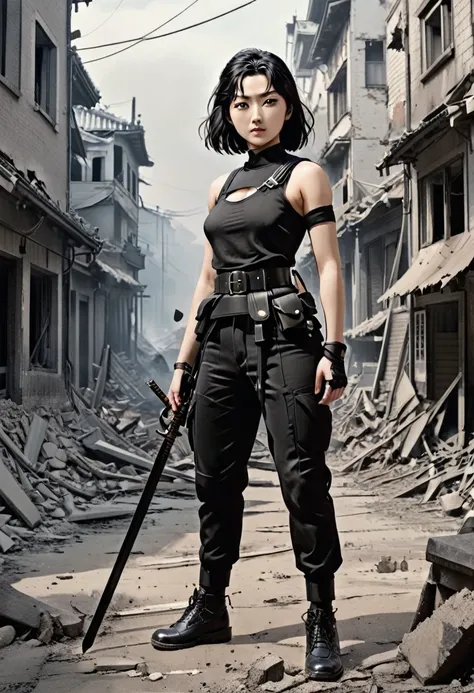 (Masterpiece, detailed, beautiful, splendid)(High definition, 8k, Cinematic shot, panoramic, full body) a woman, 25 years old, 1.7 meters tall, black hair, black eyes, curvy athletic body [Black top tactical, black tight pants, gun belt, military tactical ...