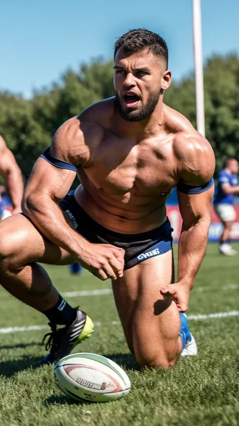 naked, nude, and his legs and dick are complety naked,In the depths of the rugby pitch, where sweat and passion intertwine, emerges the figure of a man who embodies the power and grace of modern rugby. His taut muscles glisten under the sun as he advances ...