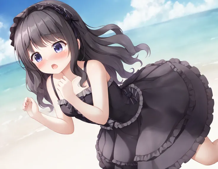 Cute beautiful girl、naked、Shocked, mouth open, blushing、Beautiful Lips、Beautiful Eyes、Short Gothic Lolita、The skirt is blown up by the wind、Wavy Hair、