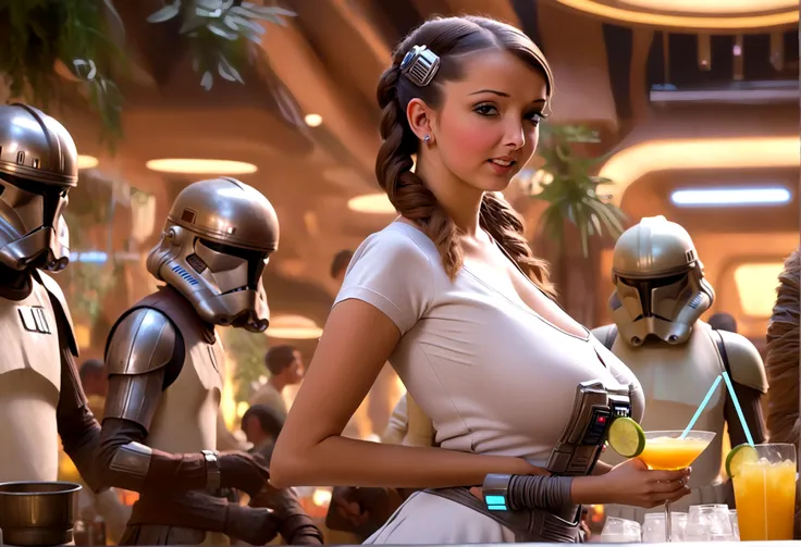 A cute woman in a sci-fi waitress outfit, deep neckline, mini skirt, working at a Star Wars cantina, serving drinks to wild and rowdy aliens, highly detailed, photorealistic, 8k, dynamic lighting, cinematic, vibrant colors, sci-fi atmosphere, intricate det...