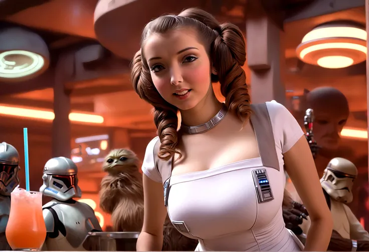 A cute woman in a sci-fi waitress outfit, deep neckline, mini skirt, working at a Star Wars cantina, serving drinks to wild and rowdy aliens, highly detailed, photorealistic, 8k, dynamic lighting, cinematic, vibrant colors, sci-fi atmosphere, intricate det...