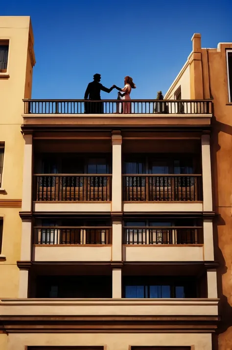 A building with a balcony window and a silhouette of a woman and a man holding hands