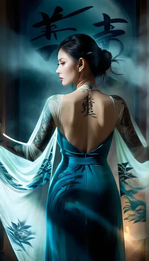 Double Exposure Style,Volumetric Lighting,a girl (Supermodel) with Wrap top,arching her back, beautiful tattoo, Traditional Attire,Artistic Calligraphy and Ink,light depth,dramatic atmospheric lighting,Volumetric Lighting,double image ghost effect,image co...