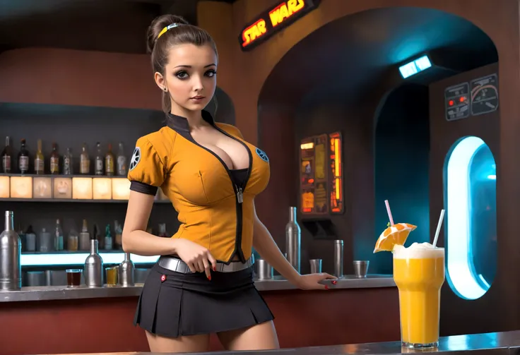 A cute woman in a sci fi waitress outfit (deep neckline, mini skirt, safe for work) is working at a Star Wars cantina serving drinks to wild and rowdy aliens.
