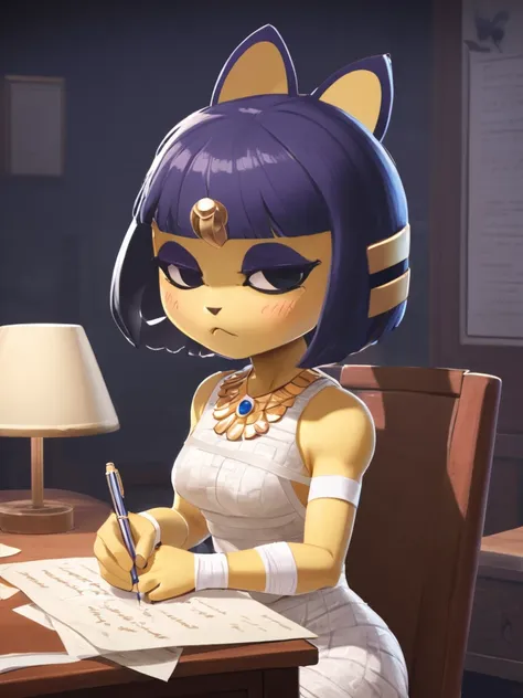 eye, animal crossing muscle, strong, bandage, white dress, sit at your desk, she wrote a heartfelt letter, her expression is bot...