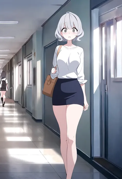 (girl,Silver Hair,Short wavy hairstyle,Grey Eyes,Droopy eyes,Medium Chest,Wide thighs)White shirt,Black short skirt,A woman walking down a school corridor,