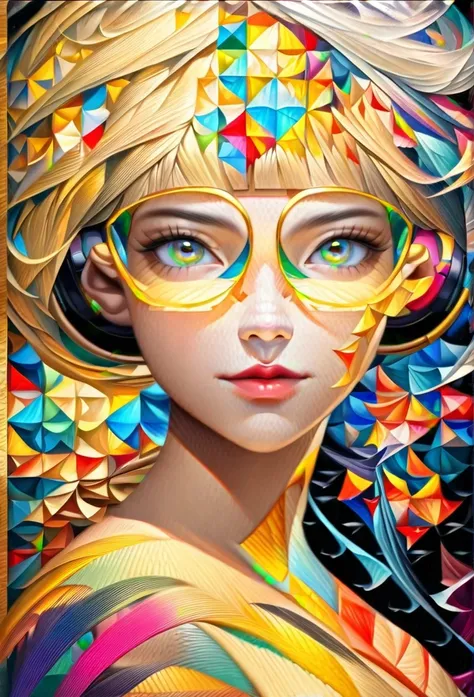 (((yellow glasses:1.3))), headphone, short hair, blunt bangs,Please turn the provided image into a painting keeping the same agape face features and realistic likeness and with the following characteristics: Art Style: Flowing Picasso style. Colors: Vibran...