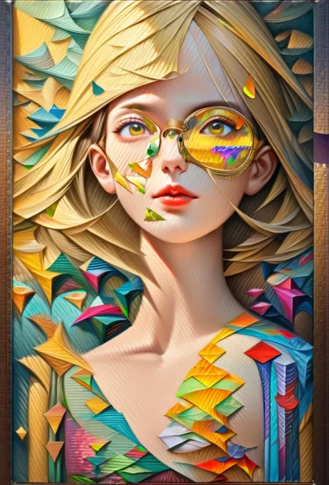 (((yellow glasses:1.3))), headphone, short hair, blunt bangs,Please turn the provided image into a painting keeping the same agape face features and realistic likeness and with the following characteristics: Art Style: Flowing Picasso style. Colors: Vibran...