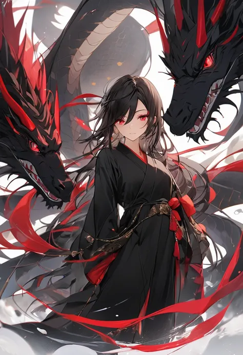  calm , black robe  , masterpiece   , lady and red eye black dragon ,