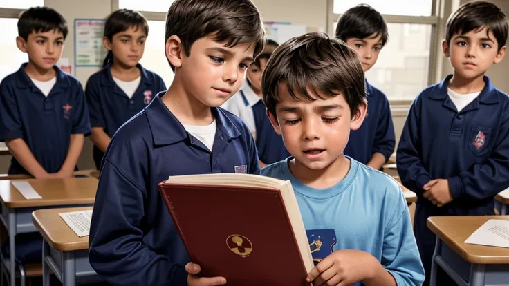 Photorealistic depiction of a 7-year-old boy with straight dark brown hair, bangs covering his forehead, and large, expressive brown eyes. His round face and slightly pink cheeks add to his innocent appearance. The boy is partially dressed in a navy blue ,...