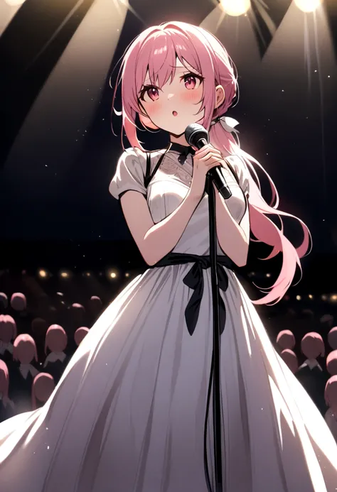 Female student,Tied up ponytail,White Dress,,Singing on stage, Stage lighting, Glare.Pink haired girl