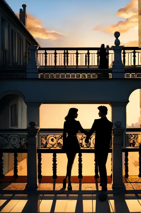 A house with a balcony and on the balcony a silhouette of a woman and a man holding hands
