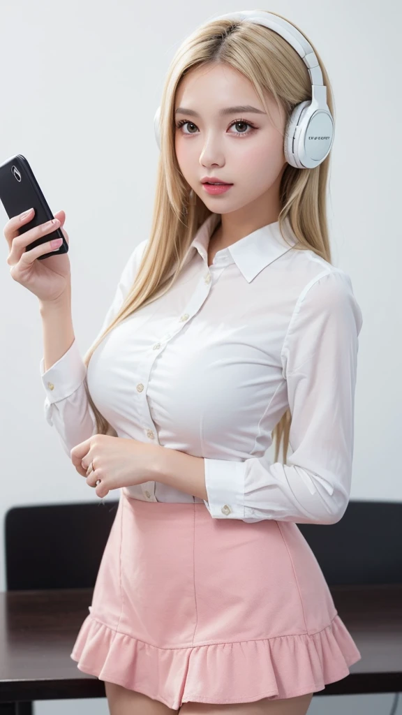 (((forehead、White Blonde Hair、Northern Europe、White people、beautiful girl、Blonde、White background、Pink wireless headphones、Holding a smartphone、high school girl、Dress shirt、mini skirt)))、table top, highest quality, figure, super detailed, finely, High reso...