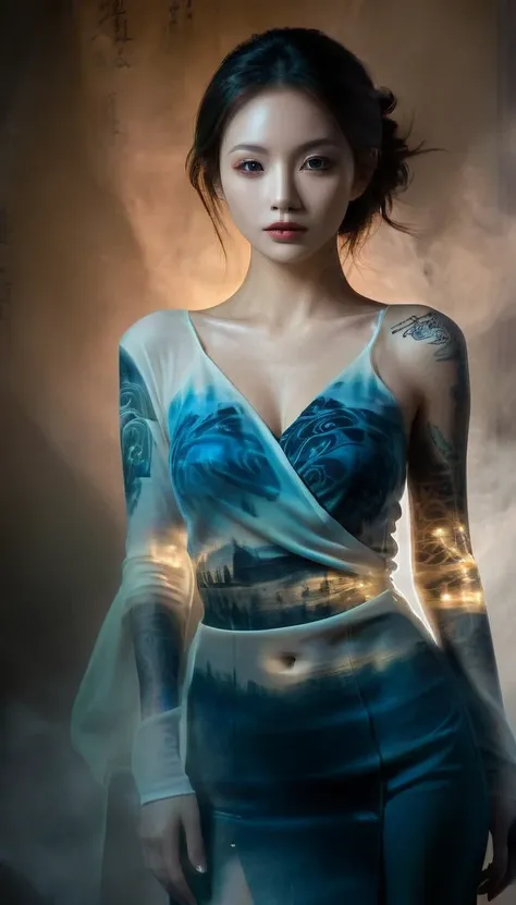 Double Exposure Style,Volumetric Lighting,a girl (Supermodel) with Wrap top,arching her back, beautiful tattoo, Traditional Attire,Artistic Calligraphy and Ink,light depth,dramatic atmospheric lighting,Volumetric Lighting,double image ghost effect,image co...