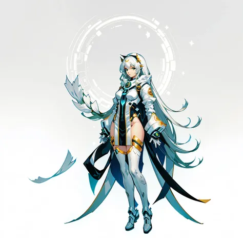 (((full body photo)))Guardian, Angel, Female, Android, white long hair, full body shot, no background, gradation