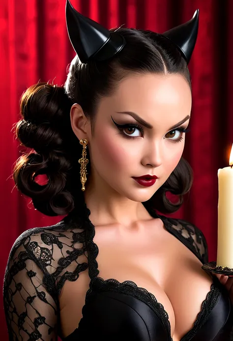 Tori Black asian catwoman, ringlets wavy five feet long black hair, updo hairstyle with ponytail on one side and long hairpins holding the bun, dark red glossy lips, heavy black eye shadow long black eyeliner, long sharp claws, black lace beautiful and cre...