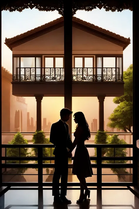 A house with a balcony and on the balcony a silhouette of a woman and a man holding hands
