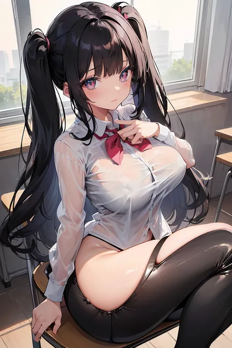 Expressive eyes, (((1 Girl))), ((anime)), (Black Hair, Long Hair,Twin tails，）， (Pink Eyes), (Half closed eyes), ((very Big Breasts)), ((Firm breasts)),  ((Big Tits))， ((Exposed thighs，Butt)),((Schoolgirl uniform，See-through shirt)), ((Big Breasts，とButt)), ...