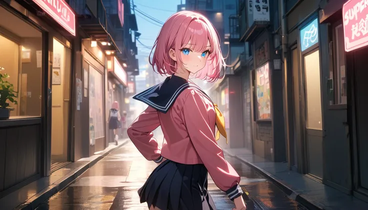 (1 girl),(Fit Body:1.1),(glistening skin:1.1),(pale skin:1.1),(Best Picture Quality, 8K, Masterpiece:1.3),(high school student:1.5), (pink medium hair), (bob cut), (slant skyblue eyes), (looking side:1.3), ((from side:1.3)),(city ​​alley Setting), Professi...