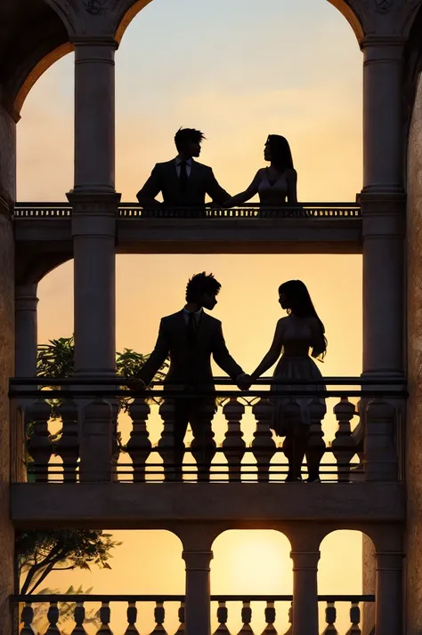 A house with a balcony and on the balcony a silhouette of a woman and a man holding hands
