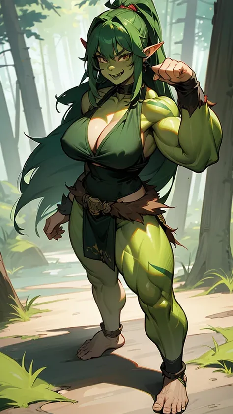 Green hair, Green skin, Pointed ears,，Fangs， female orc，muscle，muscle，animal skin top，cleavage，animal skin skirt，Bare Legs，barefoot，Standing，forest