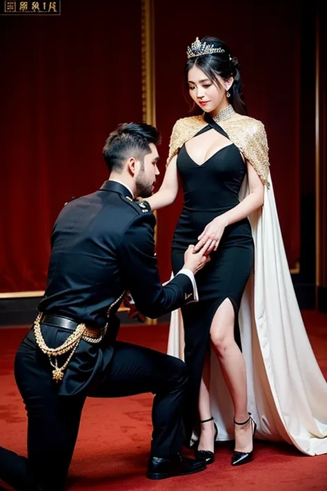 an expression of arrogant beauty，sexy，the queen, wearing cool clothes, raised her left foot。a handsome officer kneeled on one kn...