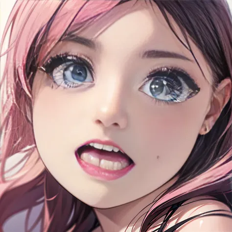 beautiful detailed woman, neckline, pink and blue hair, big eyes, extremely eyes, kawaii makeup, tender, magic effects with sparkles, all pink, pink effects, detailed face. sucking a candy. detailed, seductive well-defined face, vivid colors, detailed skin...