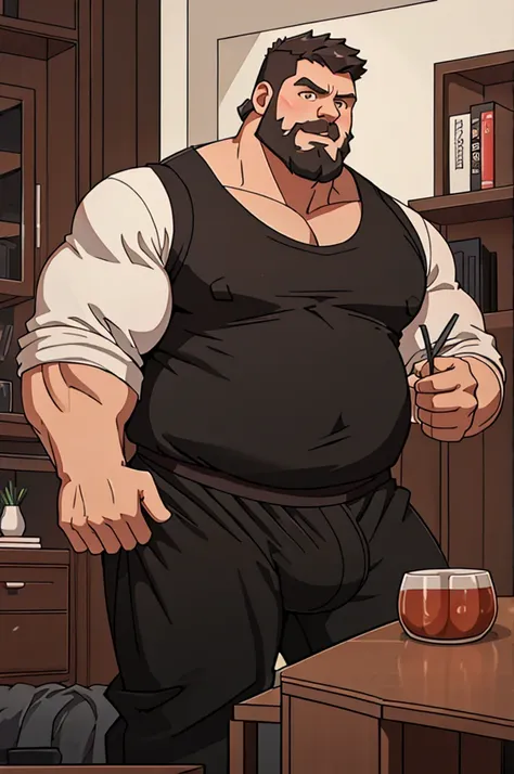 40 years old white Male, tall, giant body, handsome, dad bod, beefy, strong arms and legs, wide shoulders, a bit chubby muscle gut, a bit of fat but still very muscular, extremely hairy, a lot of body hair, short beard, wearing an untie black bathrobe with...