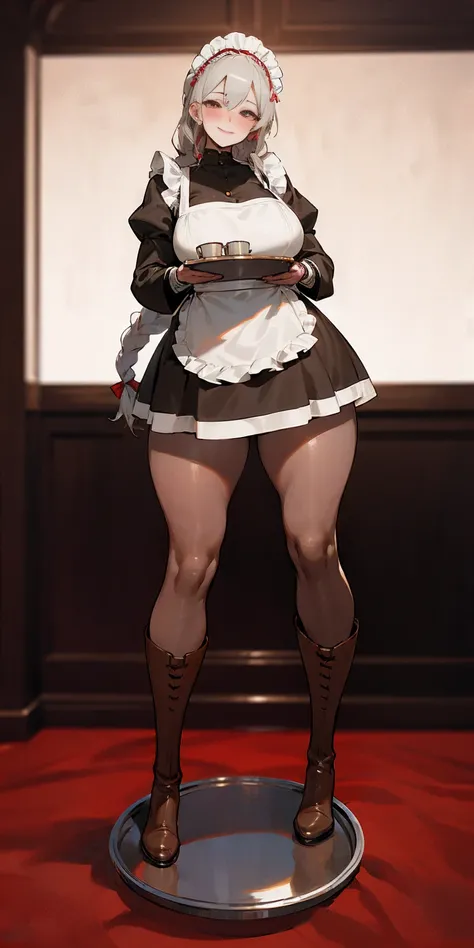 full body standing straight symmetrical, lustful smirking smile face red blush red cheeks, looking at viewer, holding tray, braid, maid headdress, maid, dress, apron, long sleeves, brown pantyhose, long leather militar boots, thighs, long white hair, maste...