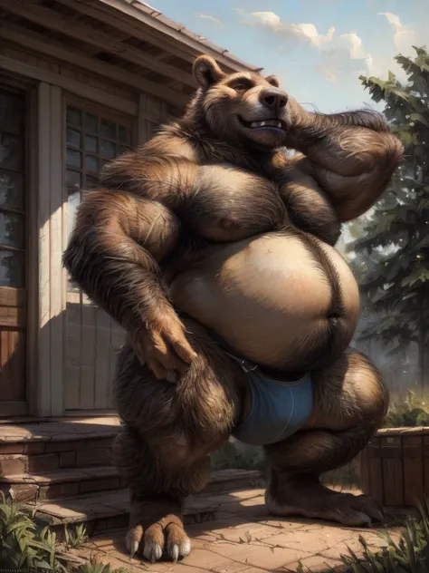 Badass Zootopia Corpulent Bear Kid, Anime style, full body image, neighborhood style, big obese (very Hairy), in Zootopia Steps Weight gain progress in underwear clothes, He is a huge obese Glotton, He is a underwear super model, He is using protein to gro...