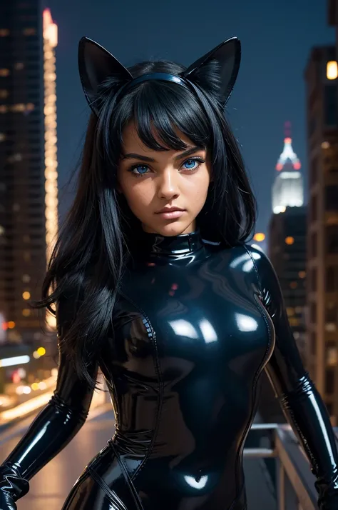 16 year old Jessica Lucas, ultra-detailed face, ((ultra detailed blue eyes)), black hair, (black latex suit, cat ears, mittens), night city, (((masterpiece)))