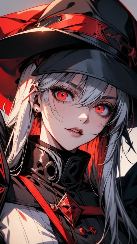 Close-up portrait of a person in uniform and hat, Lucky Winner, portrait Gap Moe Yandere Grimdark, Gap Moe Yandere Grimdark, 2b, 2b ..., from Arknights, Alucard, Arknights, vampire, Detailed Anime Character Art, 1 7 year old anime goth girl, With eyes that...