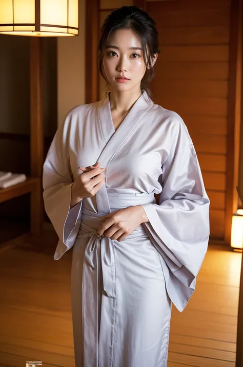 Highly detailed CG Unity 8k wallpaper, Highest quality, masterpiece, (Realistic, Realistic:1.4), Ultra-high resolution, (Beautiful Japanese mature woman in yukata, alone), Inside a room at a traditional Japanese hot spring inn, Cowboy Shot, Perfect feminin...