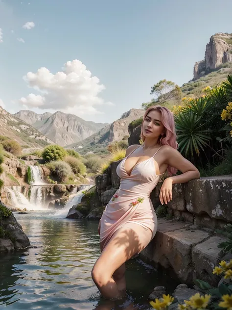 Arab dress, yellow dress, short dress (white), crocodile near the mountain, water near the grass, waterfall nearby, light green, bright flowers, red sky, wearing suit (white), lips (pink) Escasamente vestido, beautiful face  Hermosa big hips shine in the s...