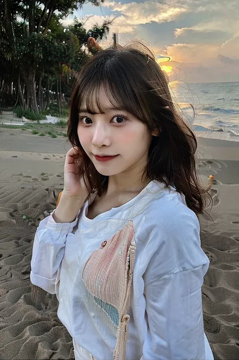 Korean girl on the beach sitting on the sand 