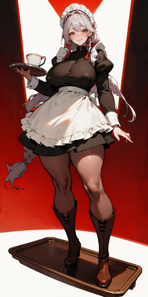 full body standing straight symmetrical, lustful smirking smile face red blush red cheeks, looking at viewer, holding tray, braid, maid headdress, maid, dress, apron, long sleeves, brown pantyhose, long leather militar boots, thighs, long white hair, maste...