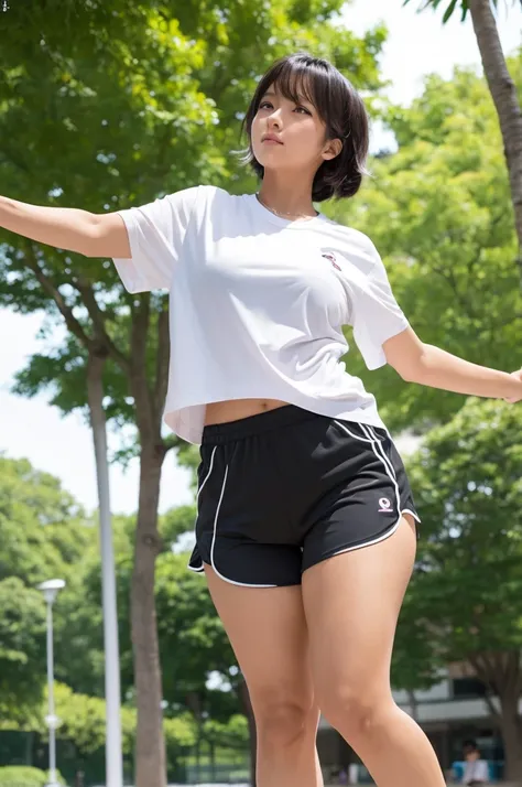 ,(tanned skin:1.3), japanese female,mascular thighs,sport jersey short pants,white t-shirt,curvy,at park,sandals,natural black hair,standing,dynamic pose,,(from below,thighs focus),sideshot