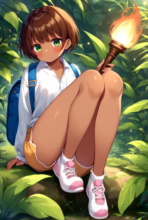 Full body portrait of Dora the explorer. A young adventurous girl of about 16 years old, with tanned skin and short brown hair with bangs, and large expressive green eyes. She has a small nose, medium-sized lips, small ears, and a round face. She is wearin...