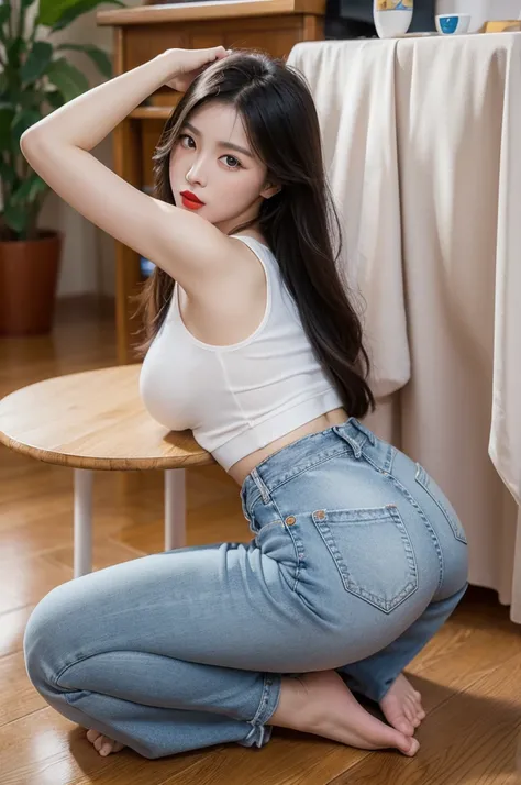 
Chinese，Long-haired woman，Lying on the ground with legs stretched straight and skin white，Red lips，Oval face，Light blue jeans，Kneeling at the table，Take off your jeans，Kneeling straight，Pout your ass high