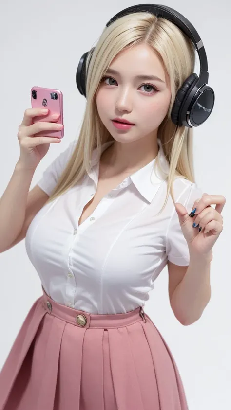 (((forehead、White Blonde Hair、Northern Europe、White people、beautiful girl、Blonde、White background、Pink wireless headphones、Holding a smartphone、high school girl、Dress shirt、mini skirt)))、table top, highest quality, figure, super detailed, finely, High reso...