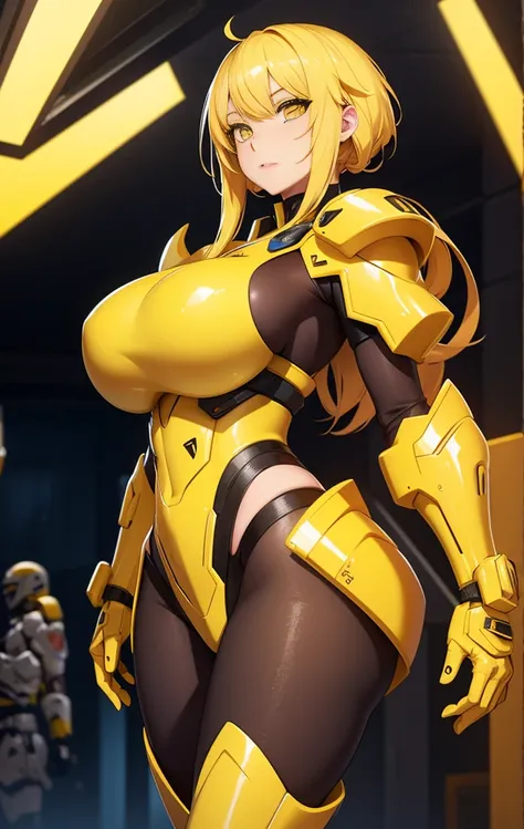 girl, With big breasts, with futuristic yellow armor, amber eyes, yellow hair.