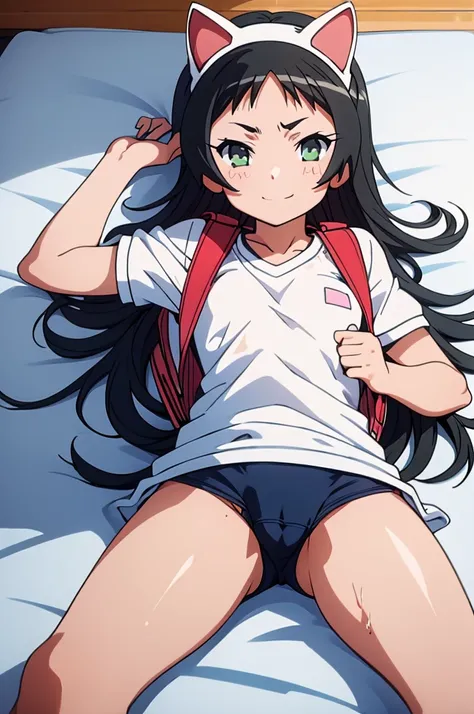 masterpiece, ultra quality, ultra sharp, ultra detailed, 1girl, solo, (((good anatomy))), haduki kurumi, (tattered torn dripping wet white gym shirt), navy gym pants, animal ears, randoseru, name tag, Japanese anime pose, laugh, BurumaShorts, Buruma, Gym U...