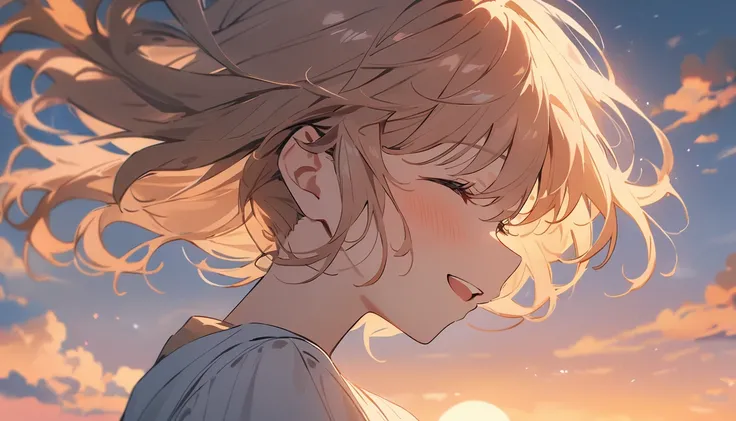 masterpiece, Highest quality, Movie stills, 1 Girl, Cloud Girl, Floating in the sky, close, bright, Happy, Warm and soft lighting, sunset, (spark:0.7)