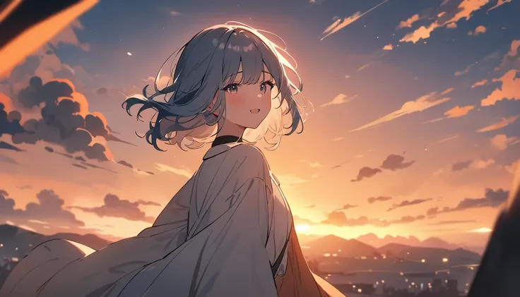 masterpiece, Highest quality, Movie stills, 1 Girl, Cloud Girl, Floating in the sky, close, bright, Happy, Warm and soft lighting, sunset, (spark:0.7)